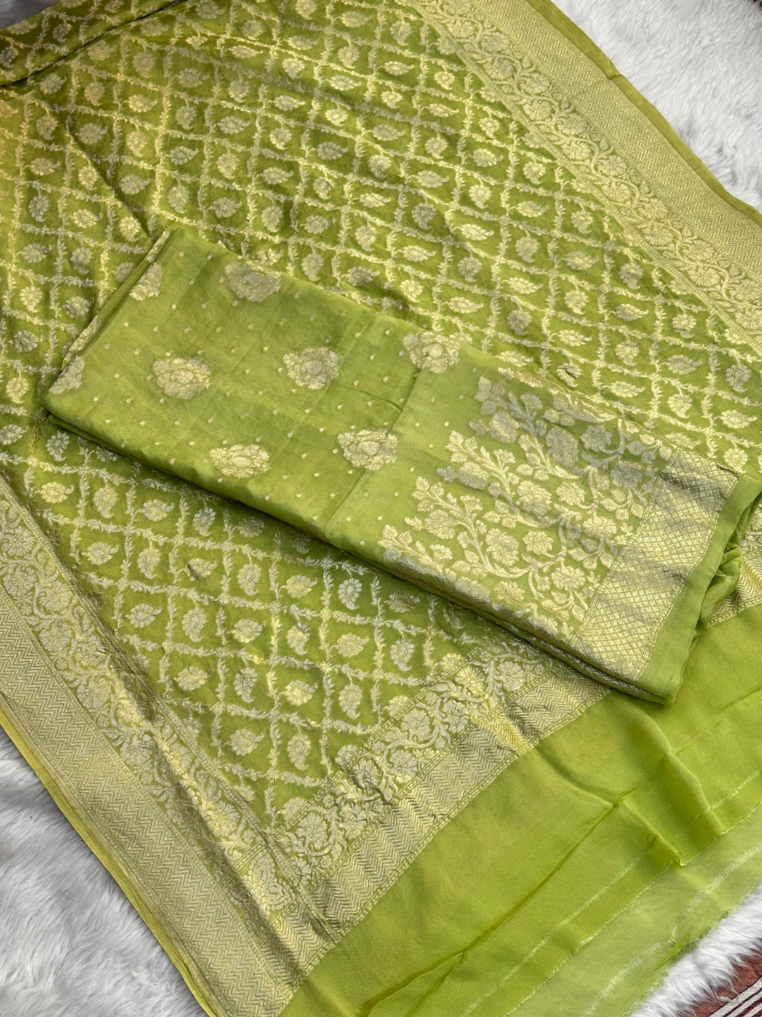 Pure Banarasi Khaddi Georgette Silk Weaved Unstitched Suit With Khaddi Georgette Silk Weaved Dupatta.