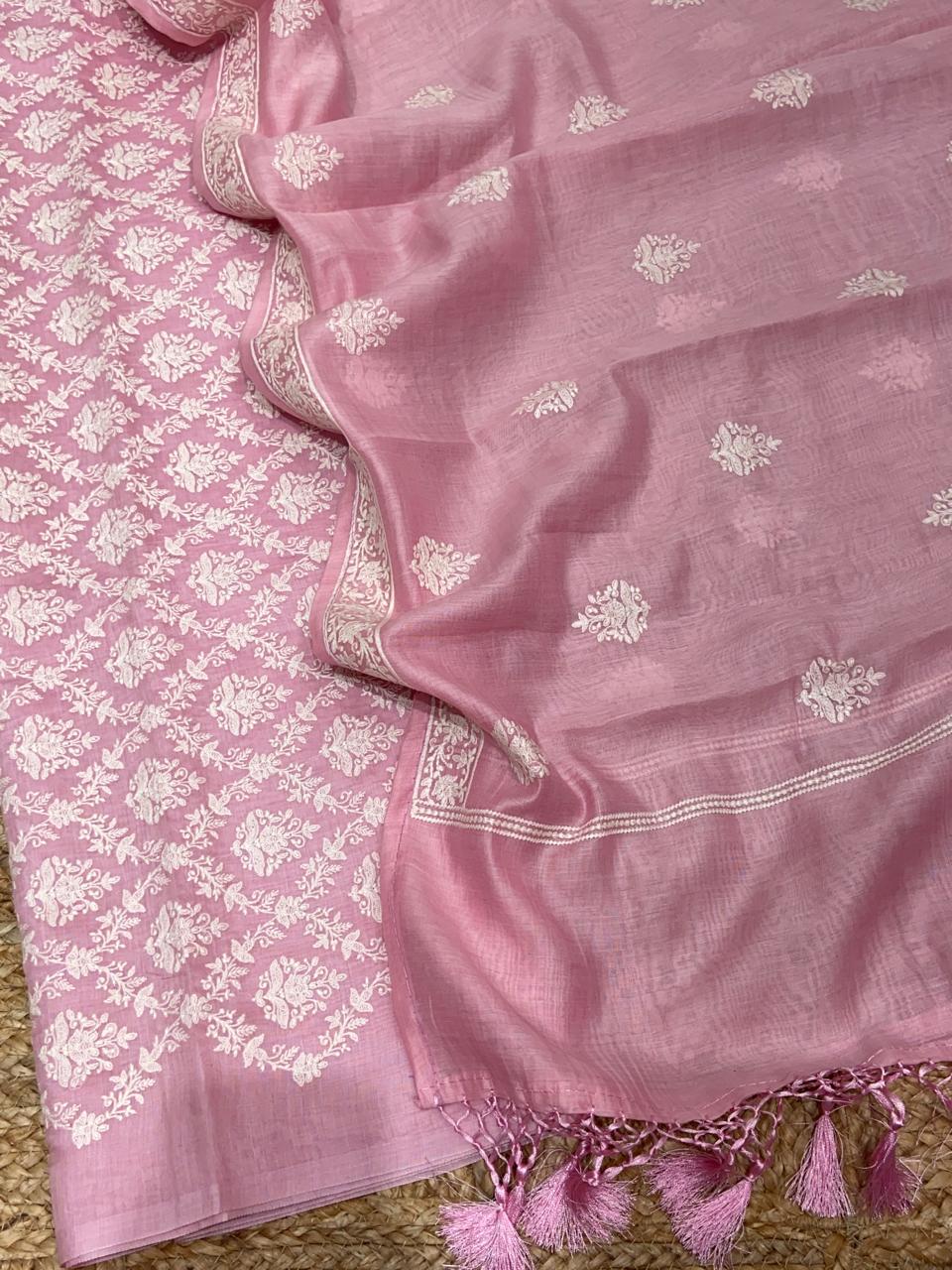 Pure Banarasi Resham Mul-mul Chanderi Embroidery Unstitched Suit .