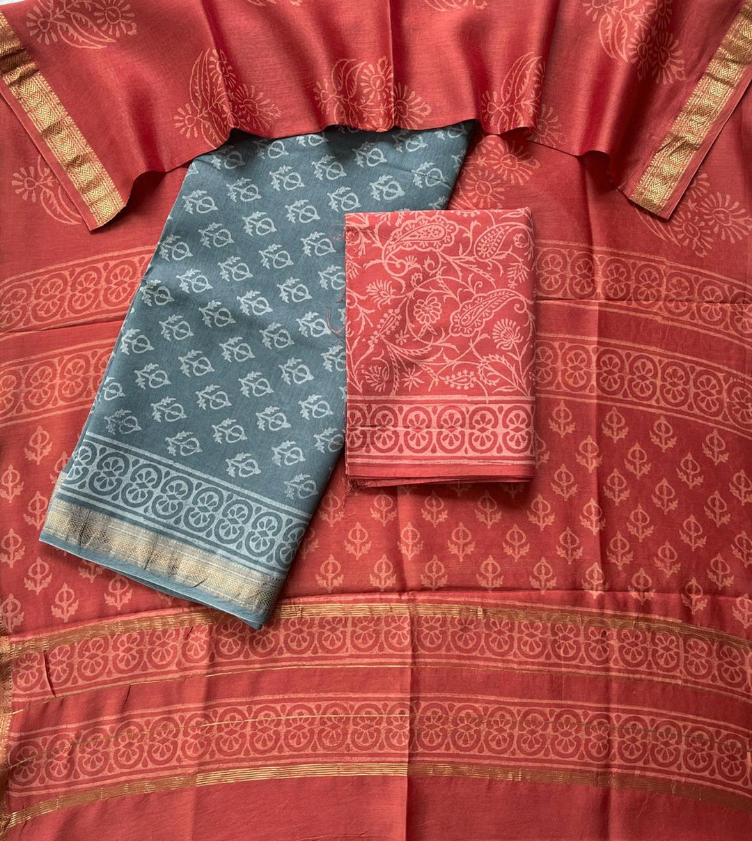 Pure Maheshwari Silk Hand block print Unstitched Suit.