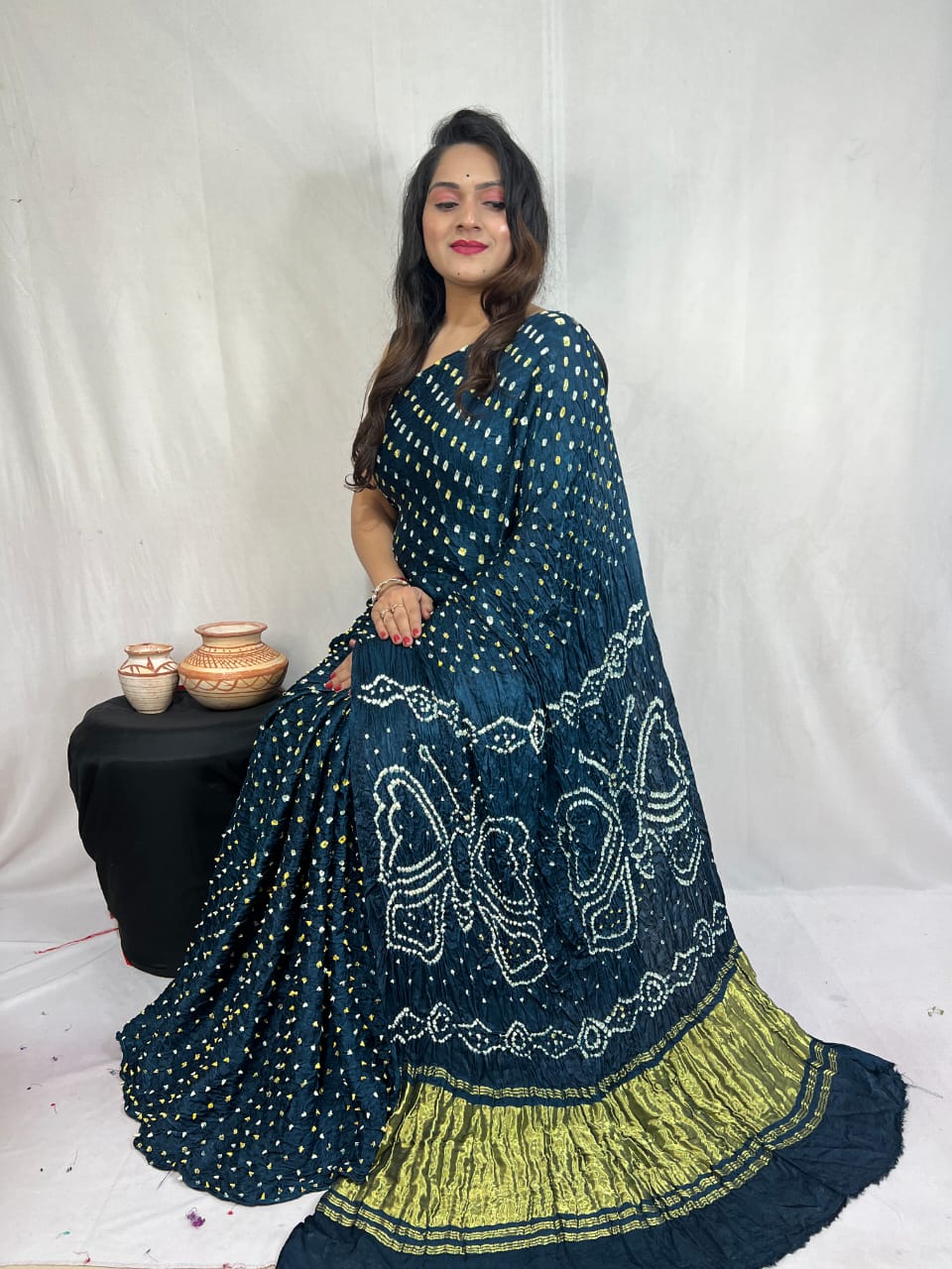 Pure Natural Dyeing Hand Block Bandhej Print Modal silk saree.
