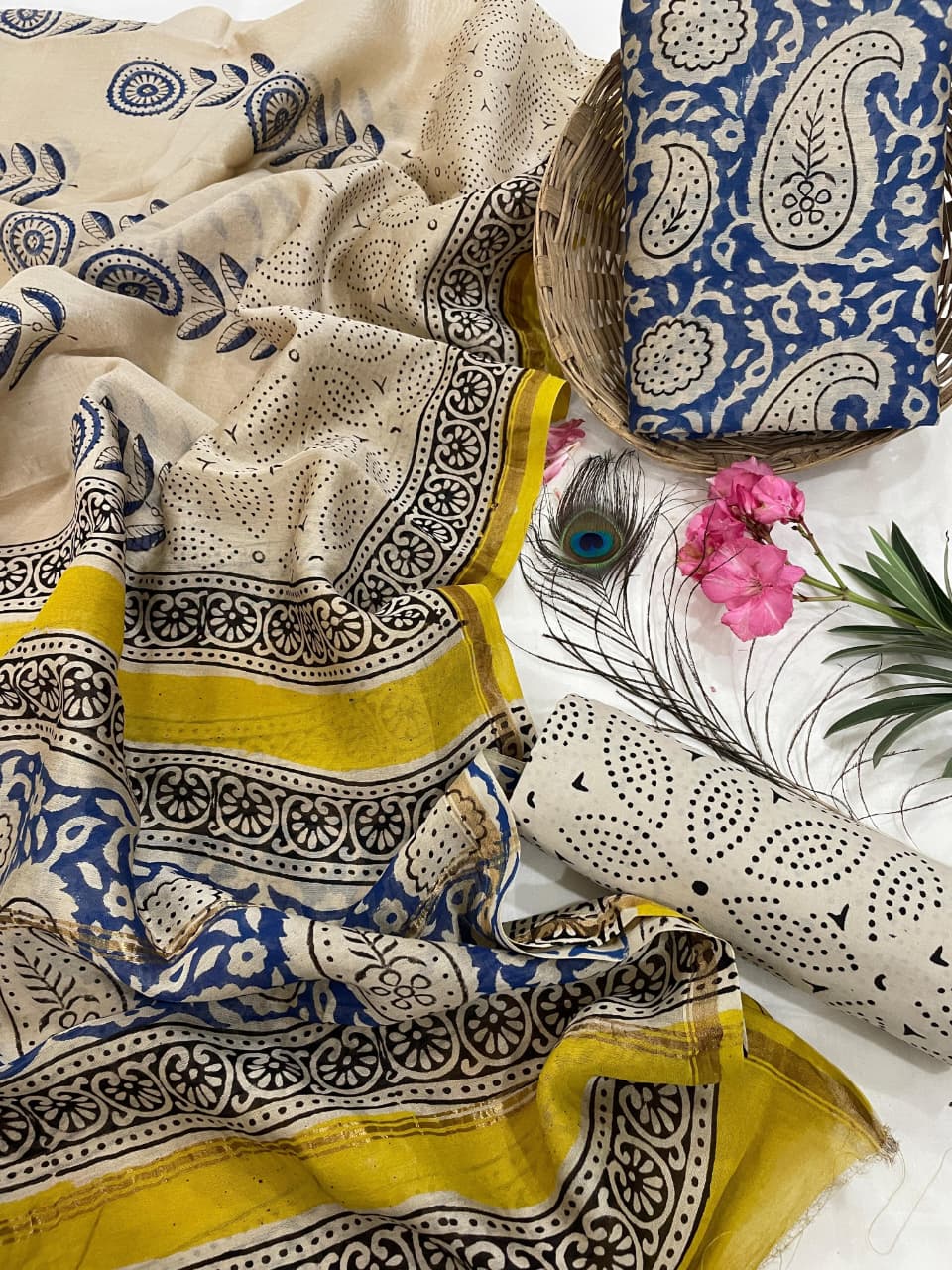 Pure Hand Block Chanderi Silk Unstitched Suit.
