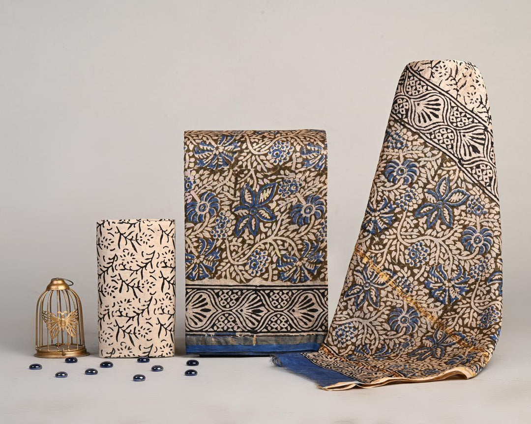 Pure Hand Block Chanderi Silk Unstitched Suit.