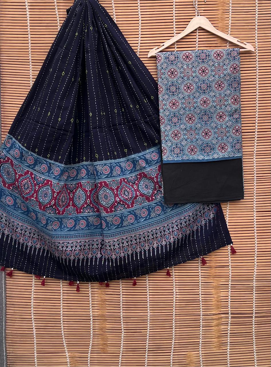 Pure Cotton Azrakh Print Unstitched suit Whit Kantha Work Dupatta.