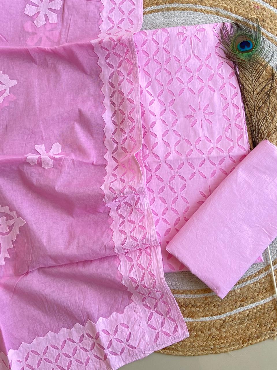 Pure Cotton Applique Work Unstitched Suit With Cotton Applique Work Dupatta .