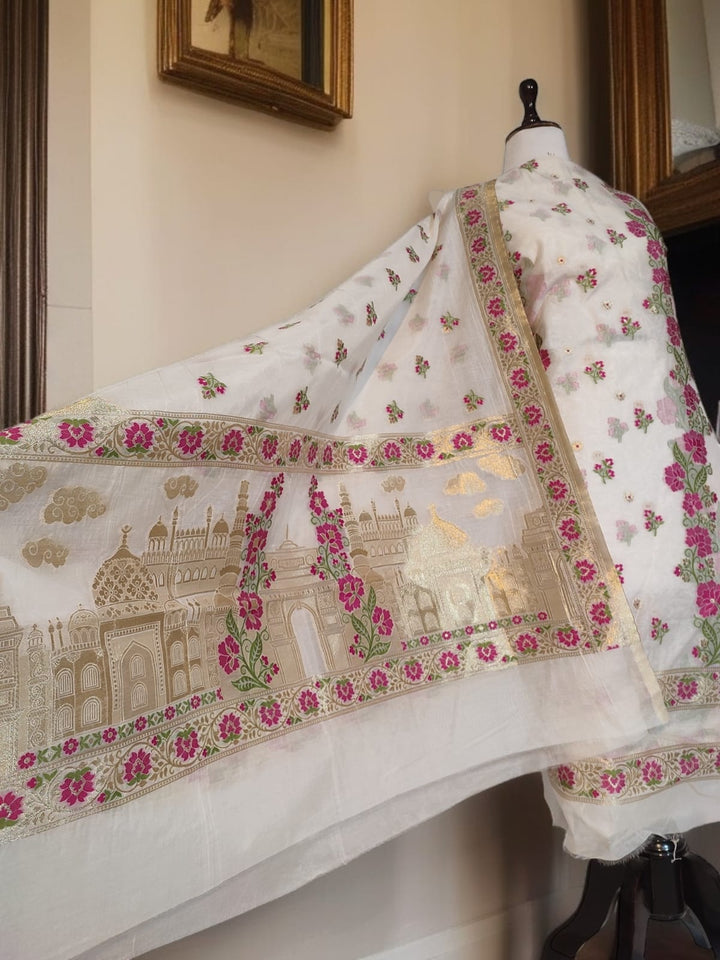 Pure Banarasi Chanderi Tilfi Work Unstitched Suit.