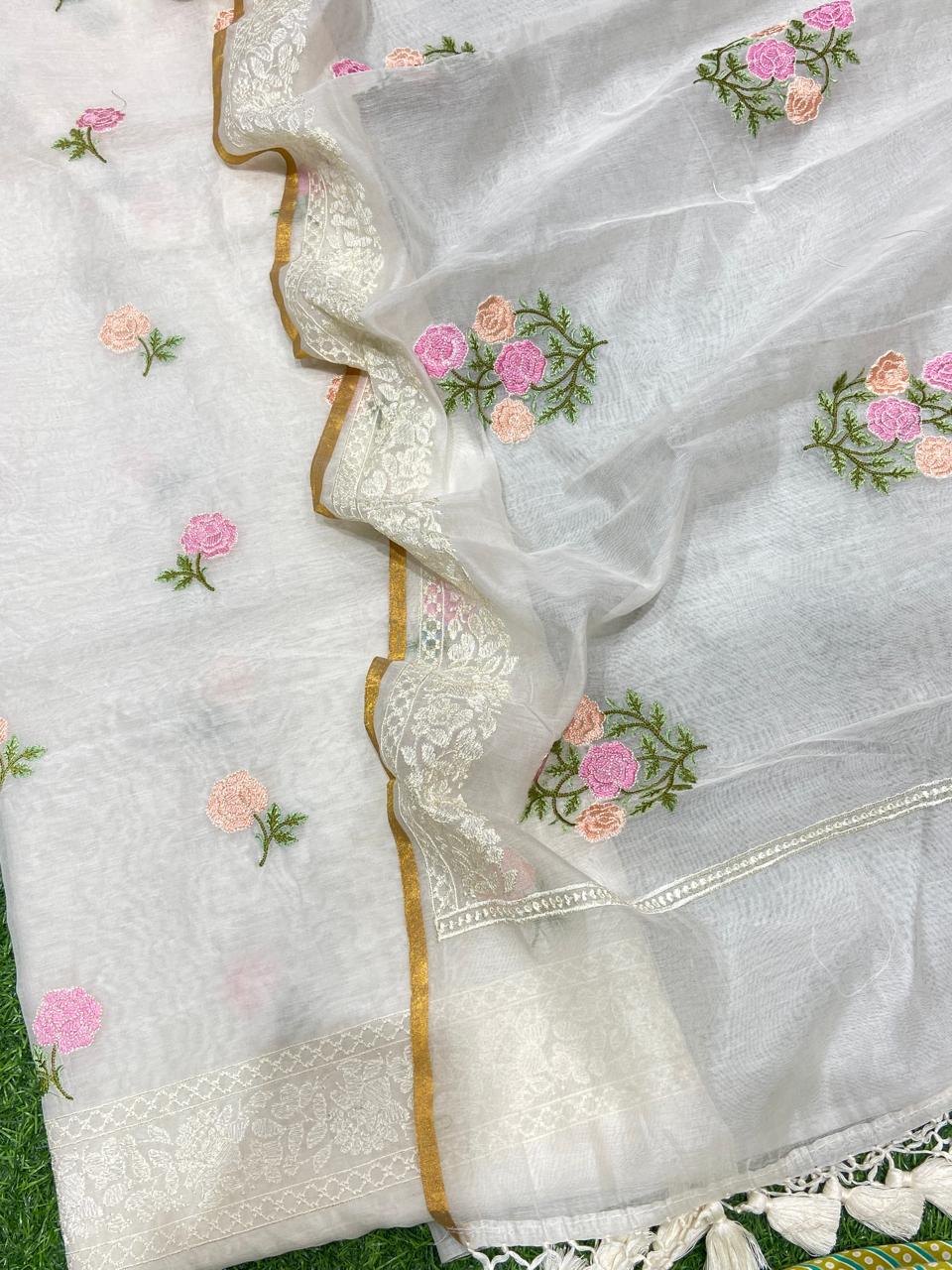 Pure Banarasi Resham Mul Chanderi Silk Embroidery Work Unstitched Suit.