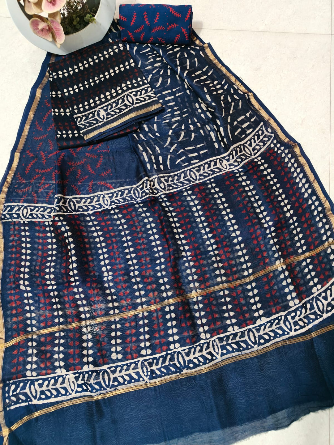 Pure Hand Block Chanderi Silk Unstitched Suit .