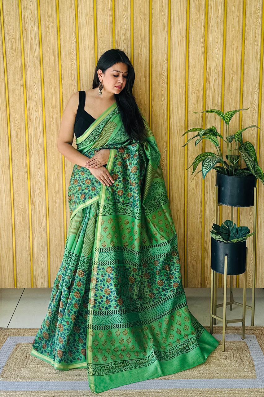 Hand Block Prninted Chanderi Saree .