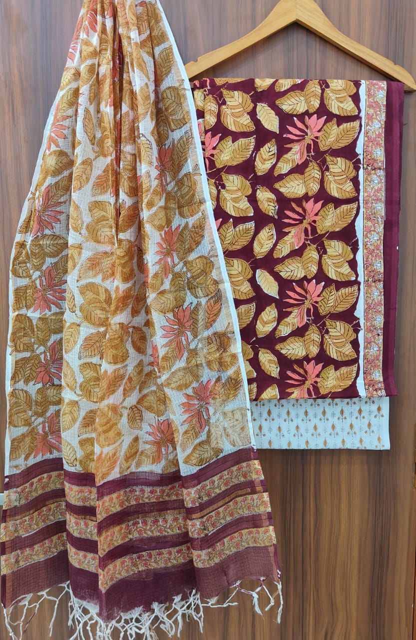 Pure Cotton Hand block print Unstitched Suit with Kota Dupatta .