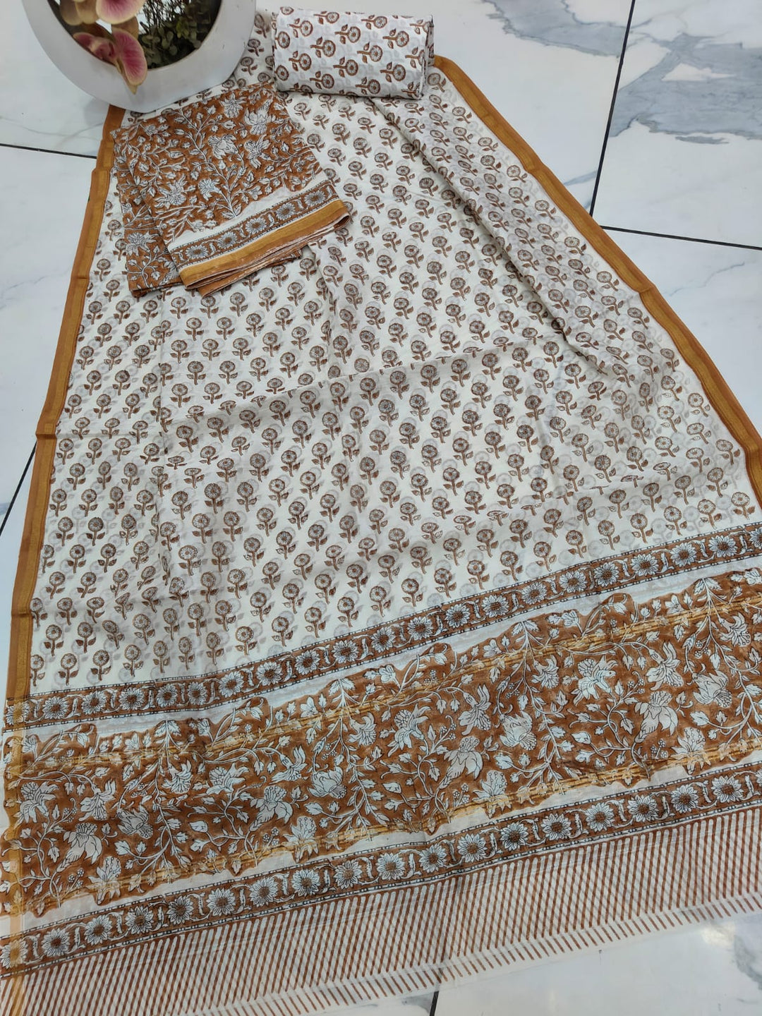 Pure Hand Block Chanderi Silk Unstitched Suit .