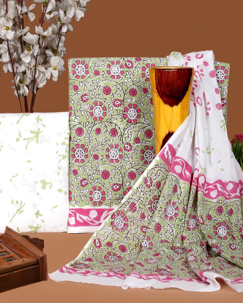 Pure Cotton Hand Block Print Unstitched Suit with Cotton Dupatta.