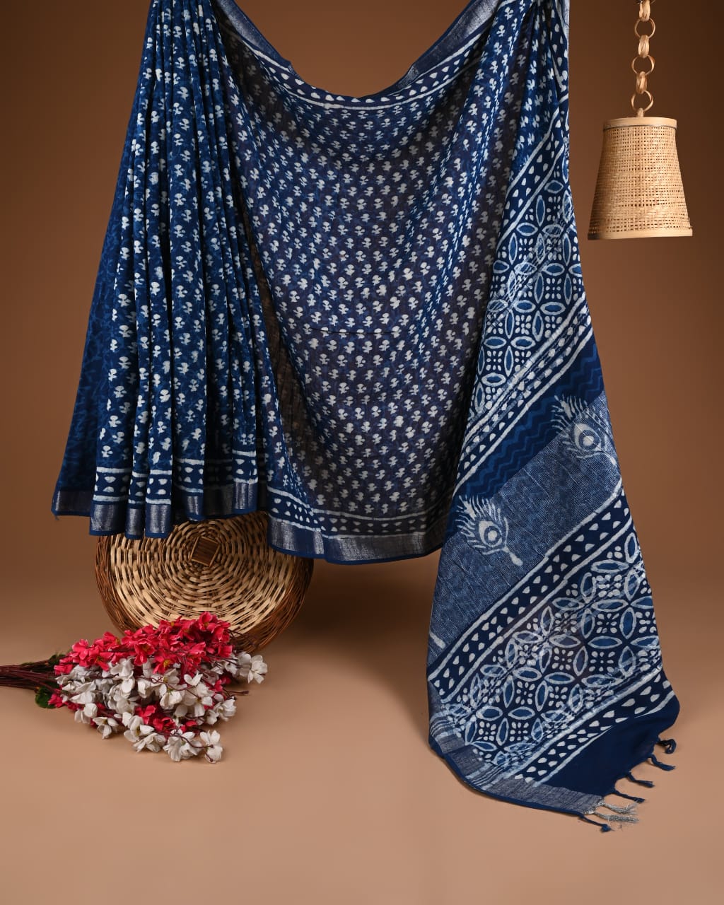 Hand Block Print Linen Saree with Blouse .