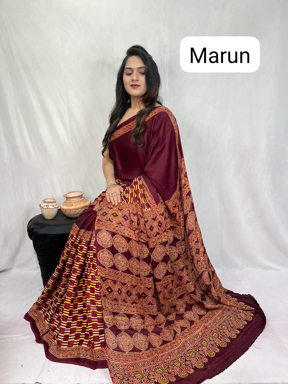Pure Natural Dyeing Hand Block Print Modal silk saree.