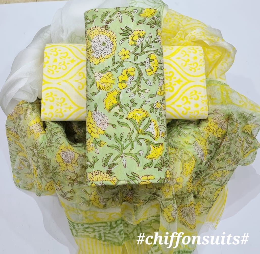 Pure Cotton Hand Block Print Unstitched Suit with chiffon dupatta .