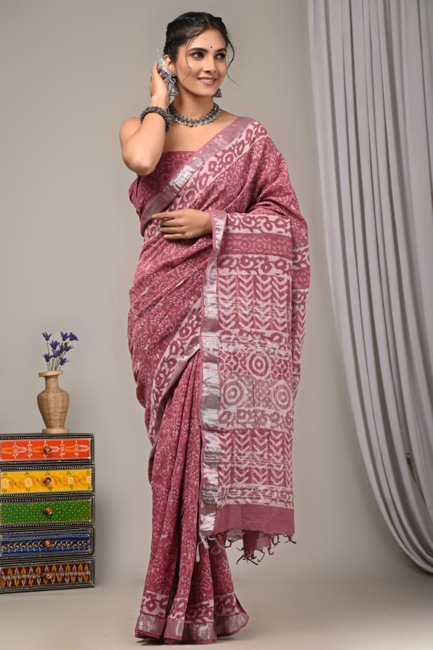 Hand Block Print Linen Saree with Blouse .