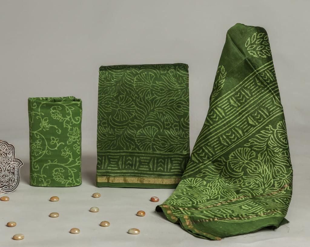 Pure Hand Block Chanderi Silk Unstitched Suit.