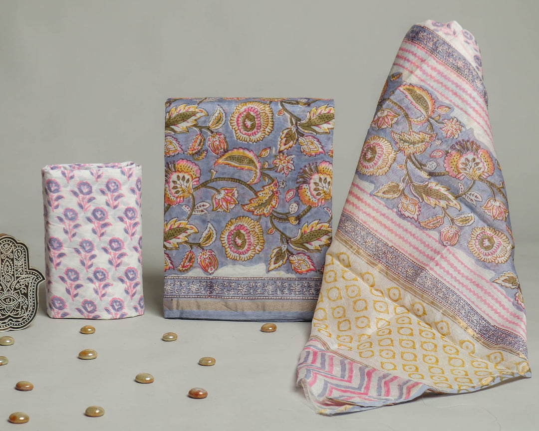 Pure Hand Block Chanderi Silk Unstitched Suit.