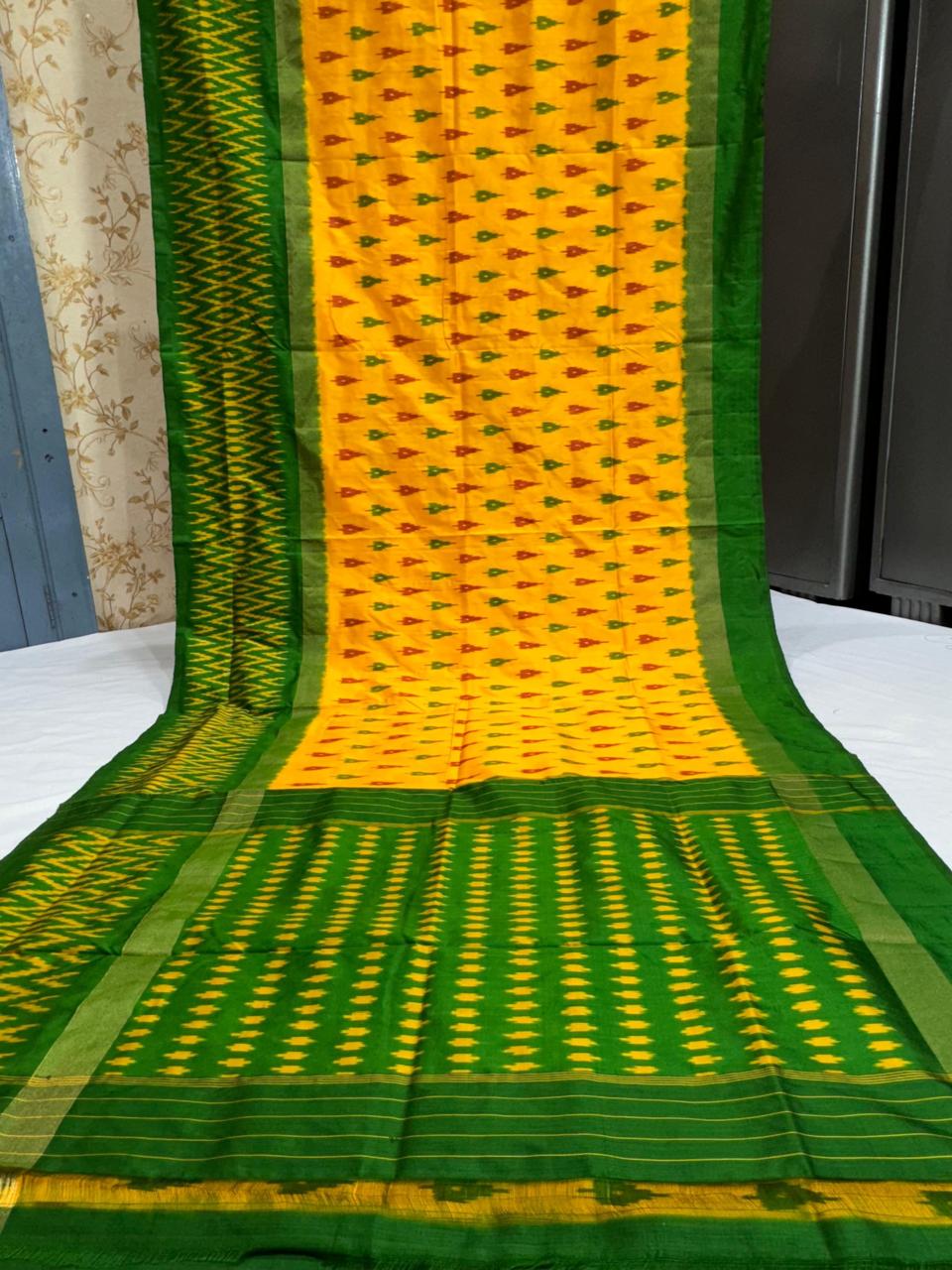 Pure Pochampally Ikkat Silk Saree With Blouse Pthani Pattern Border.