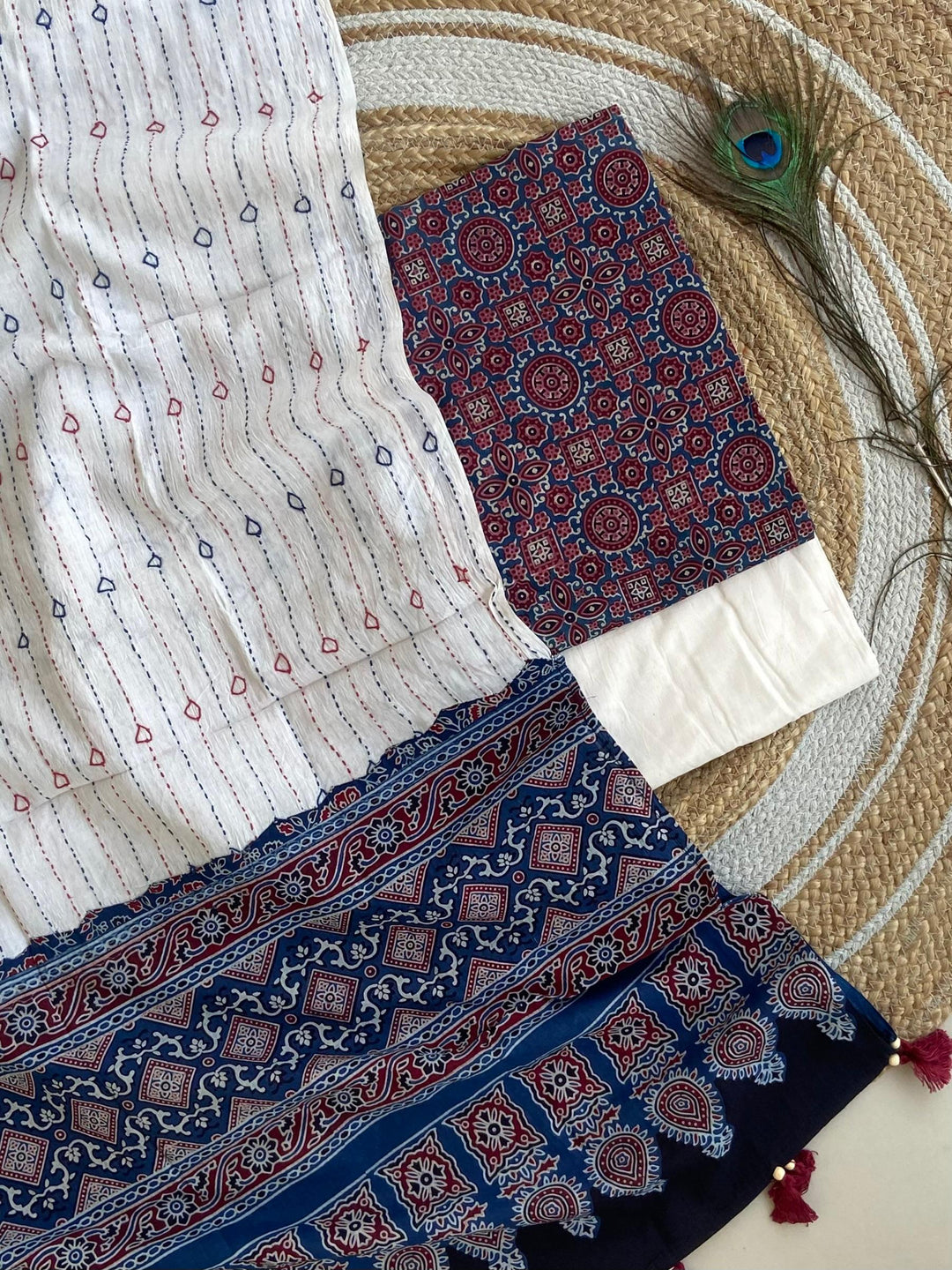 Pure Cotton Azrakh Print Unstitched suit Whit Kantha Work Dupatta
