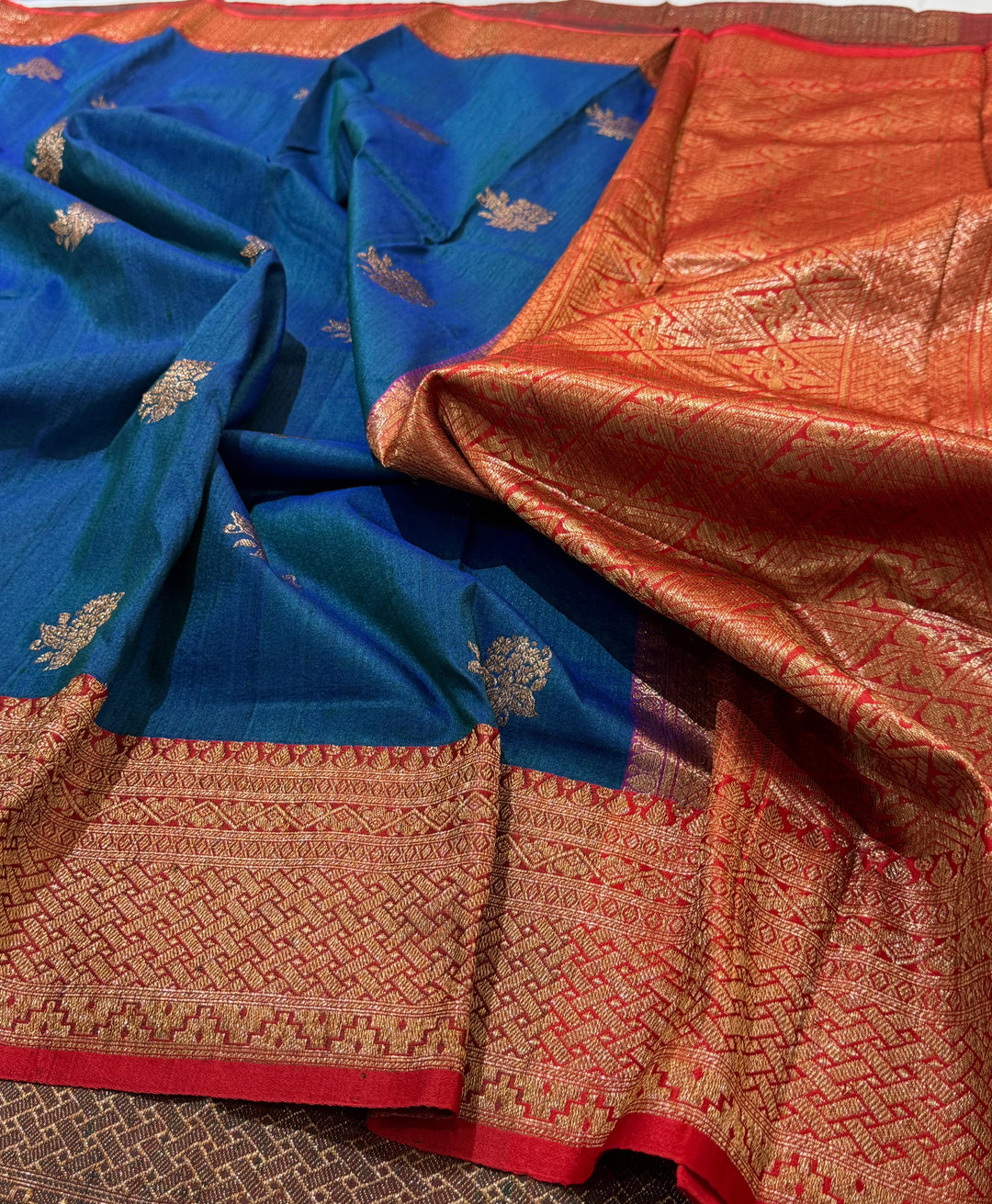 HandloomPure Banarasi Tussar Silk Saree With Kadhuwa Border Work.