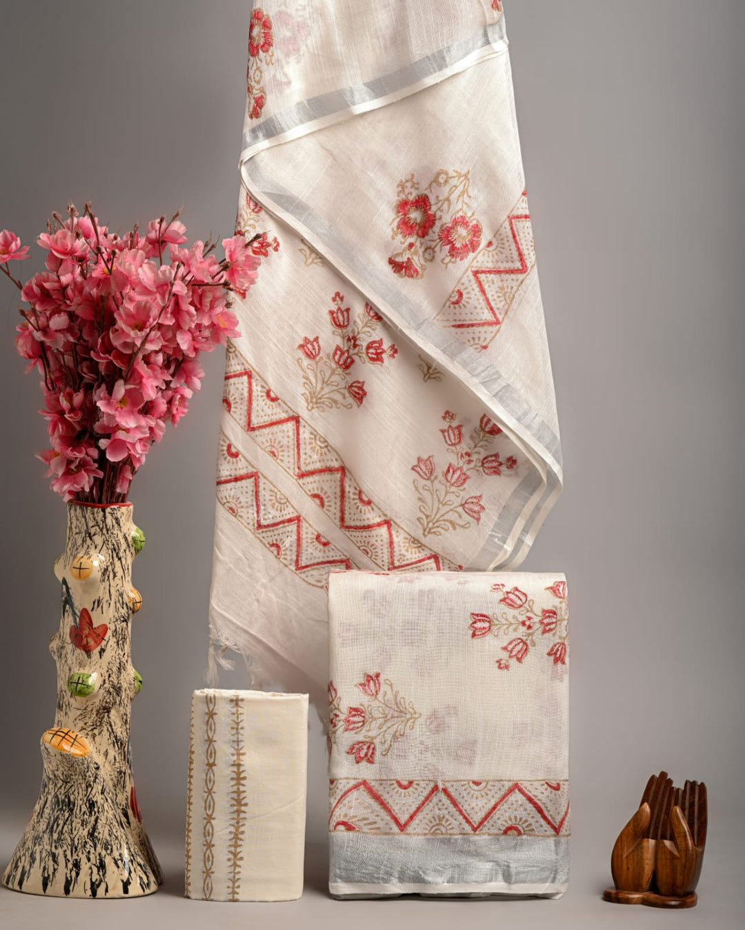 Hand Block Printed Linen Unstitched Suit .