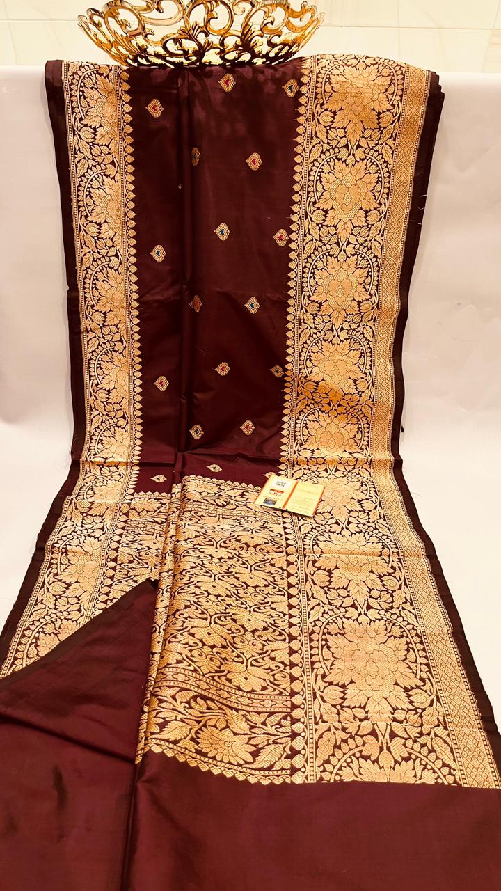 Pure Banarasi Handloom Katan Silk Saree With Antique Zari Work And Resham Meenakari Boti .