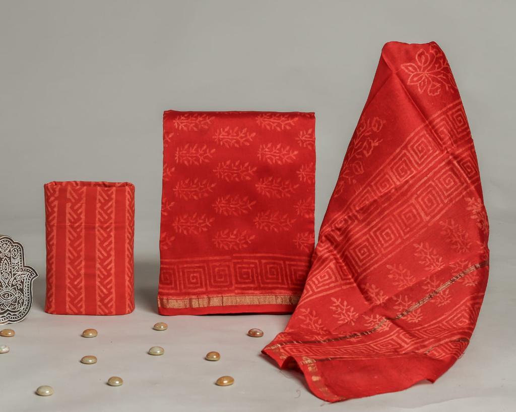 Pure Hand Block Chanderi Silk Unstitched Suit.
