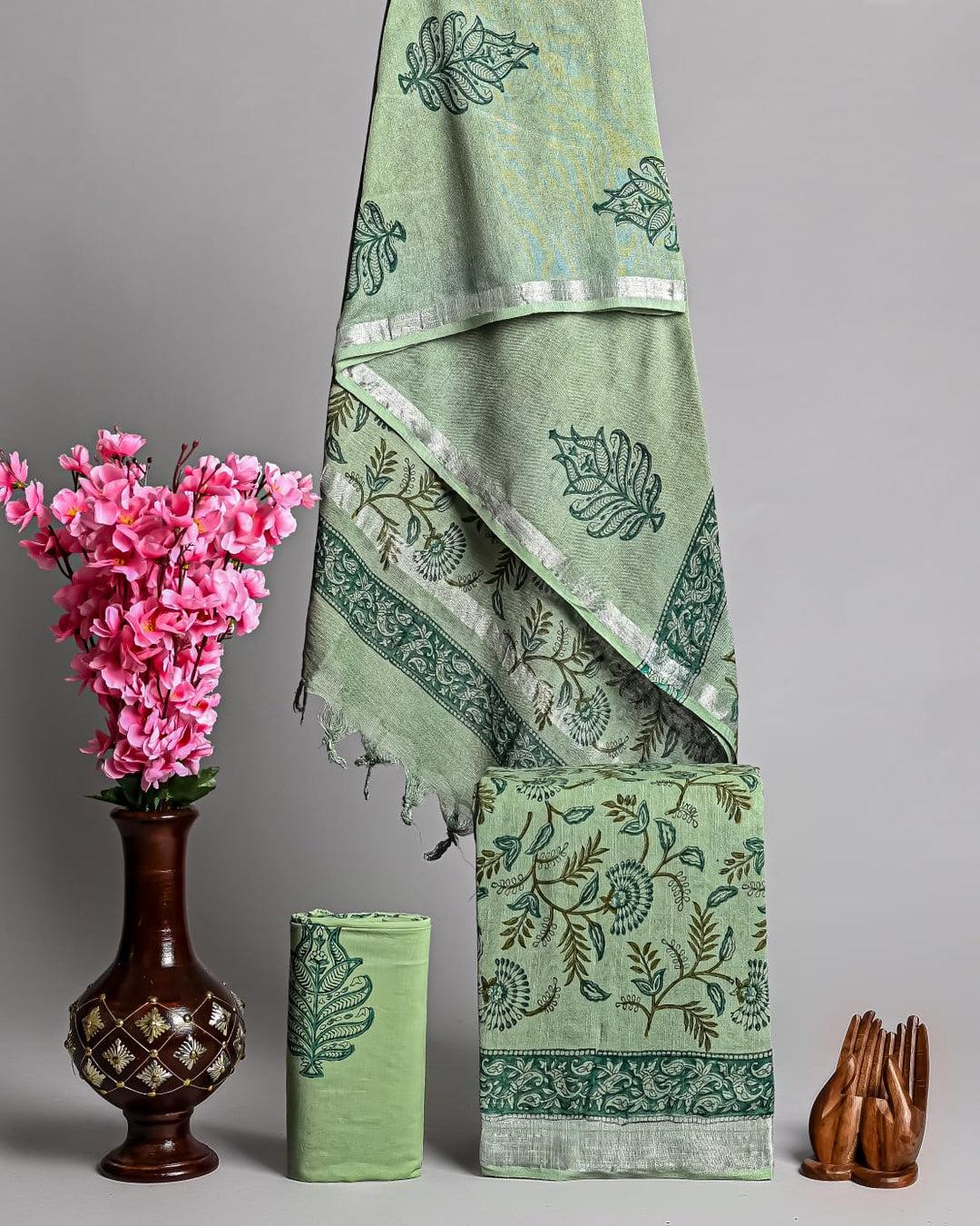 Hand Block Printed Linen Unstitched Suit .