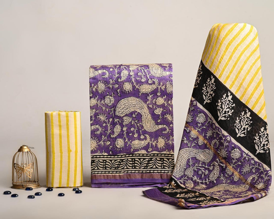 Pure Hand Block Chanderi Silk Unstitched Suit.