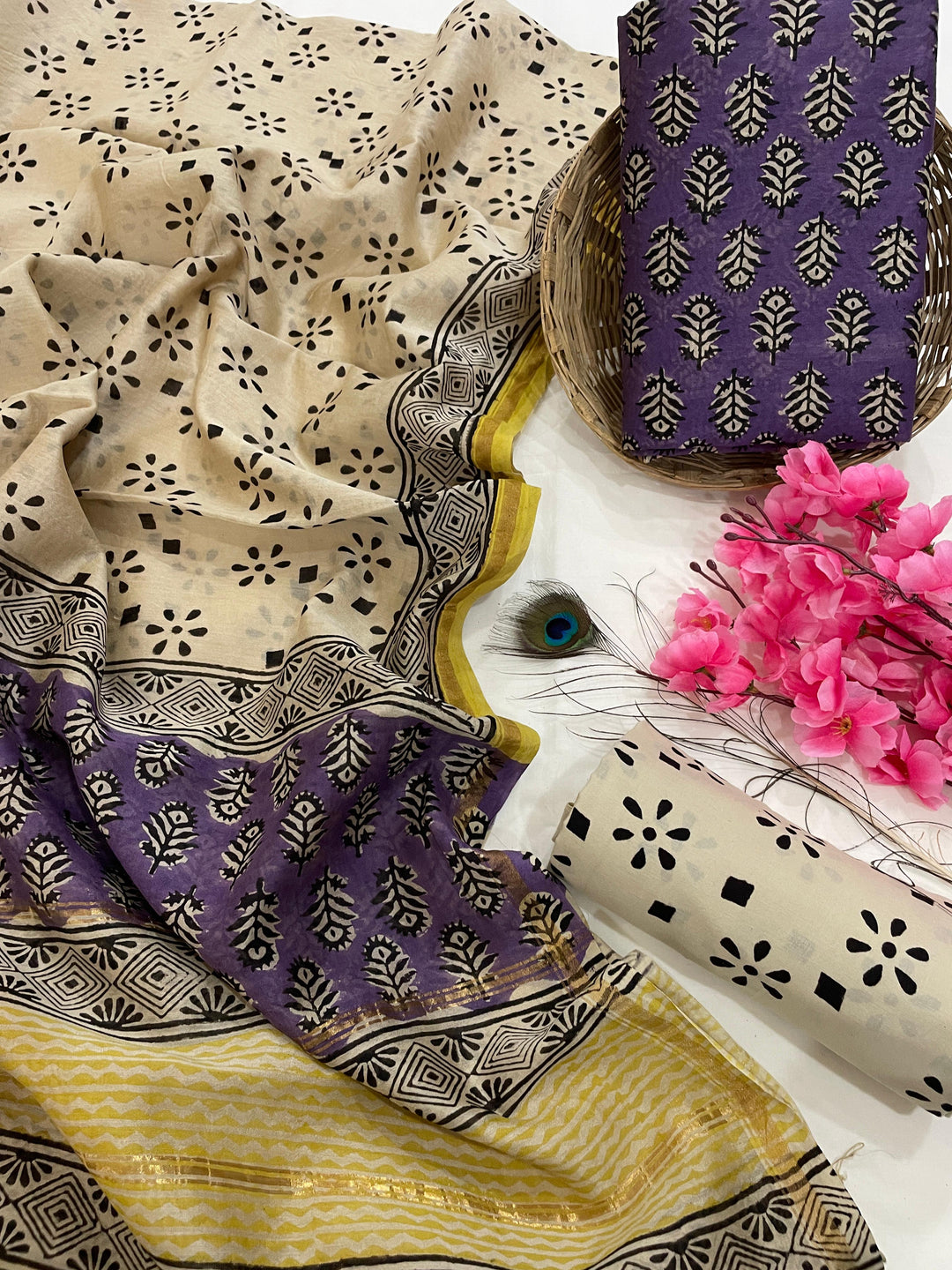 Pure Hand Block Chanderi Silk Unstitched Suit.