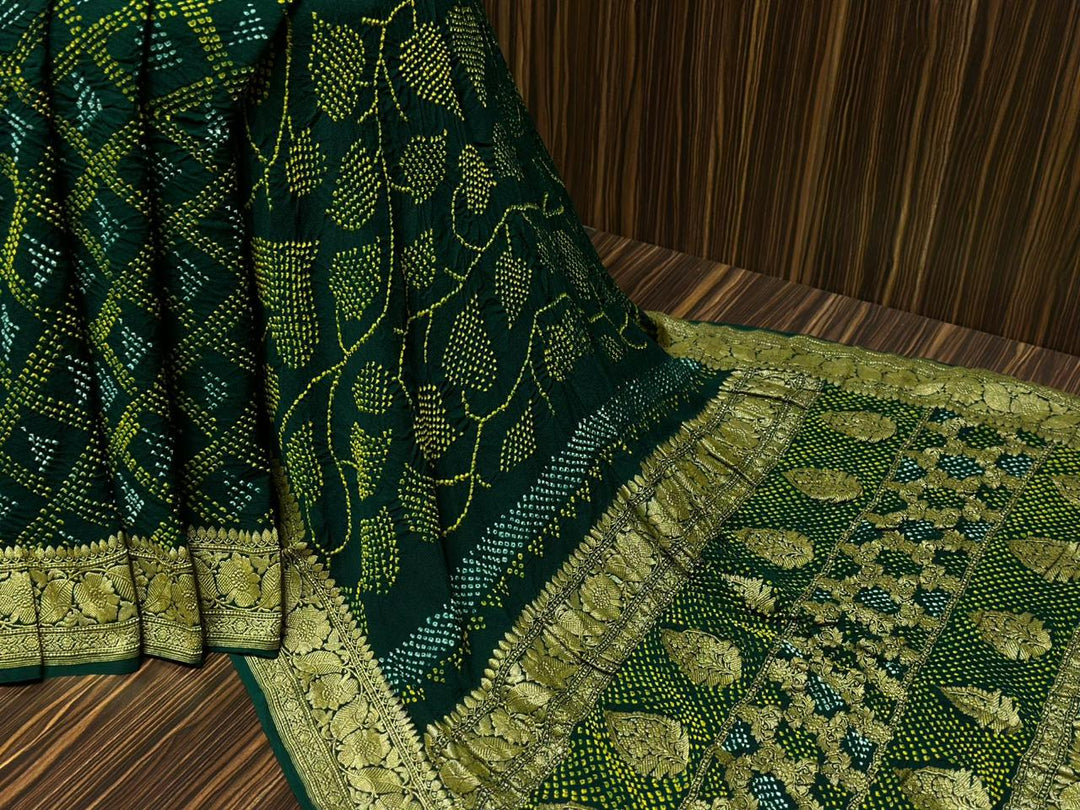 Pure Khaddi Georgette Handloom Kadhwa Zari Work saree With Raiy Bandhej AllOver.