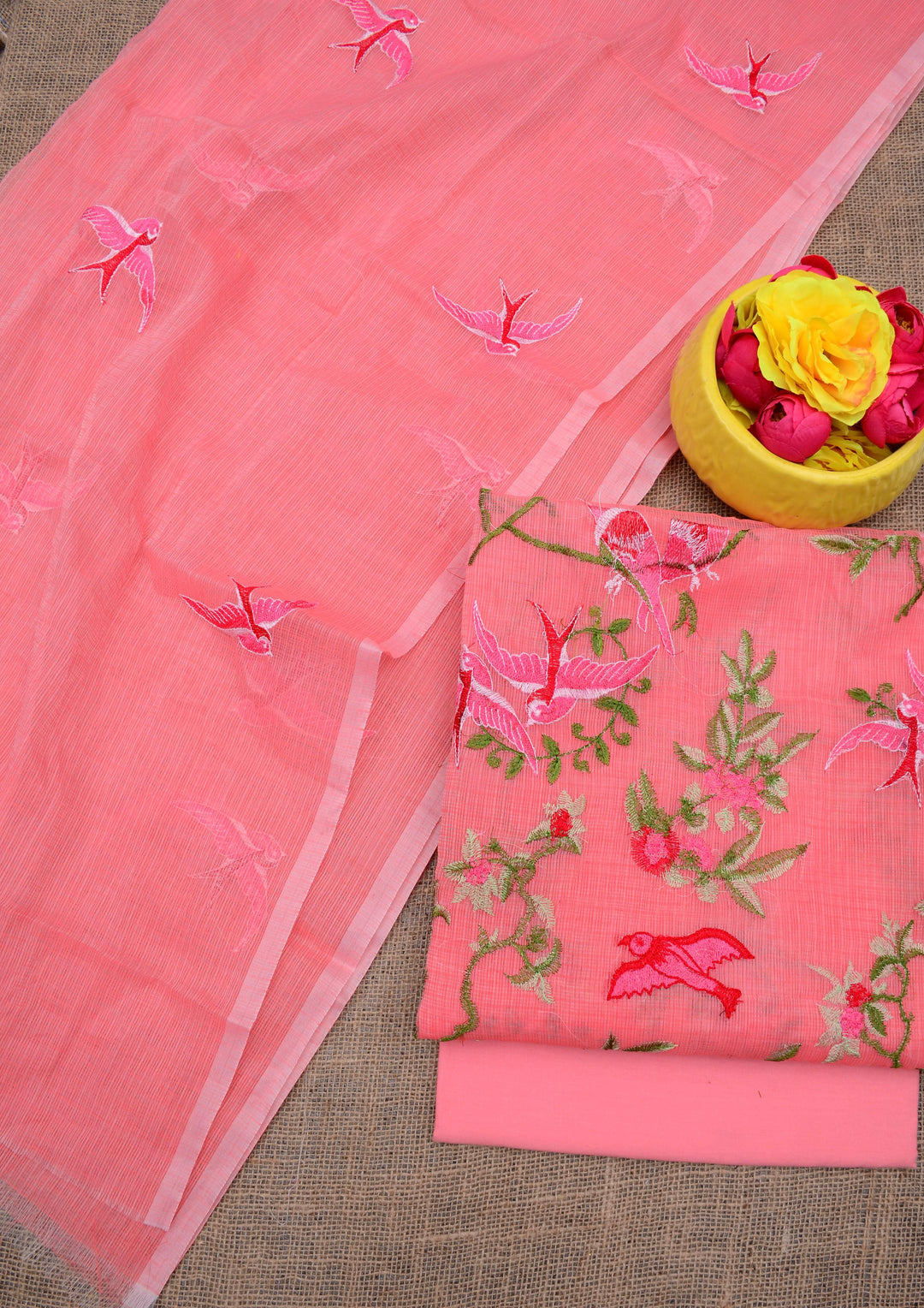 Pure Kota Doriya Embroidered Unstitched Suit With Dupatta .