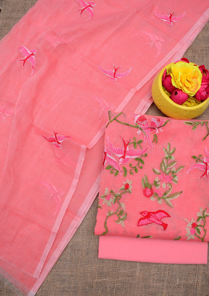 Pure Kota Doriya Embroidered Unstitched Suit With Dupatta .