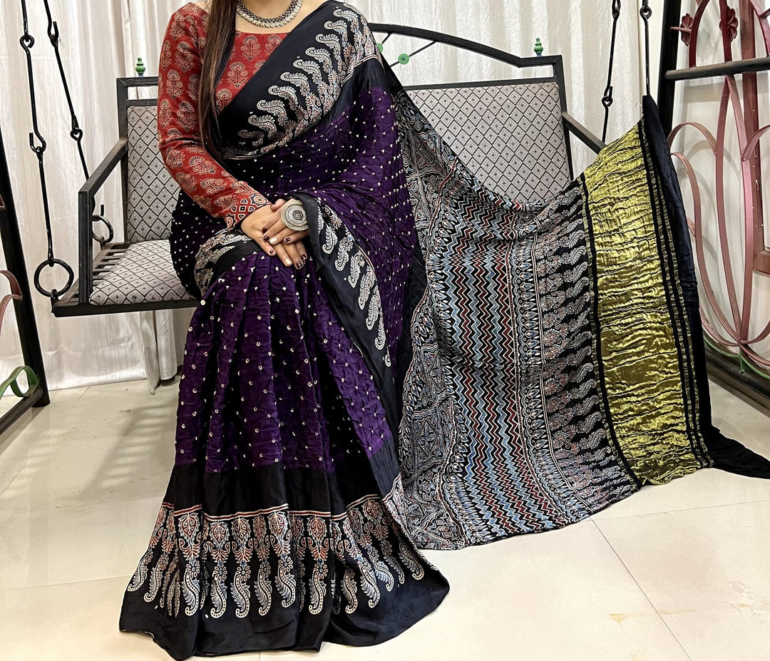 Pure Natural Dyeing Hand Block Bandhej Print Modal silk saree.
