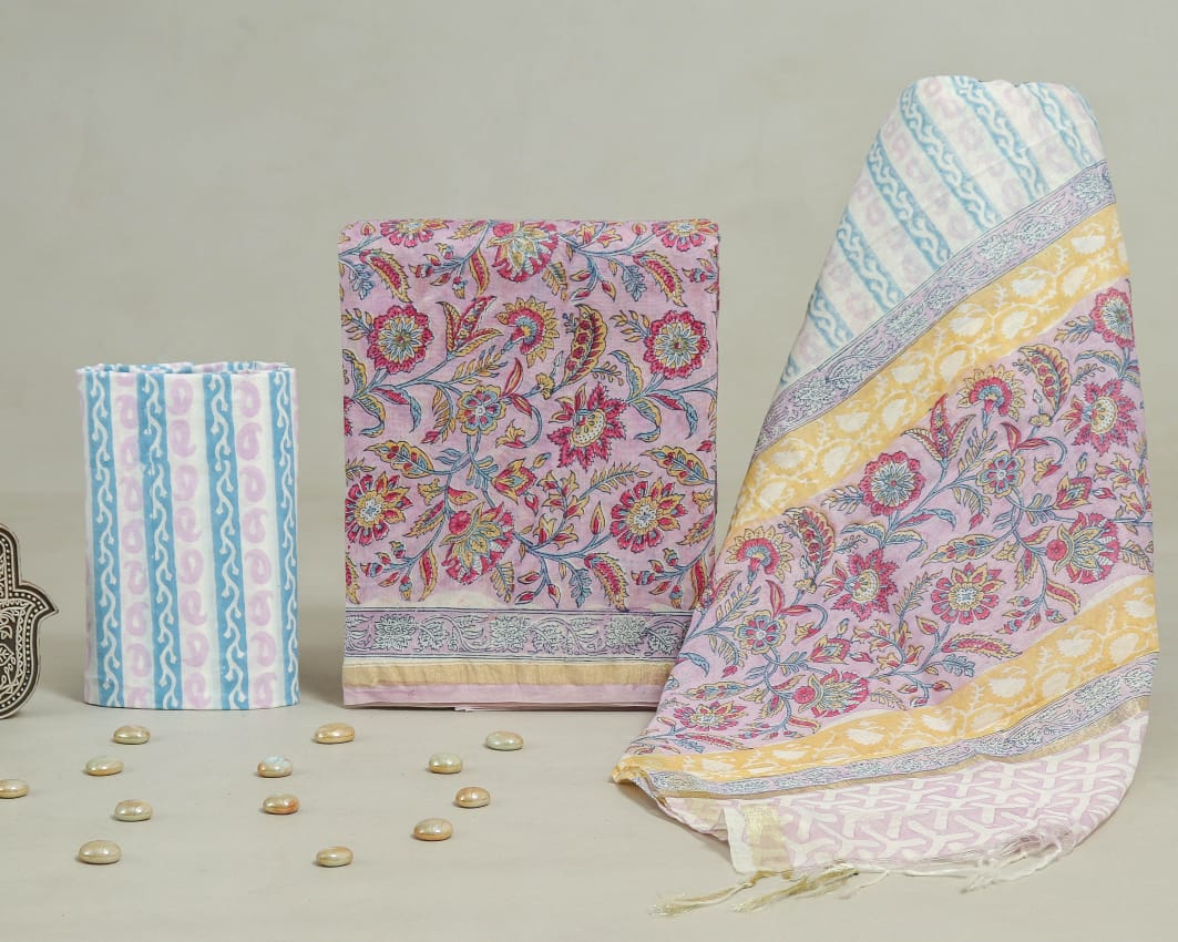 Pure Hand Block Chanderi Silk Unstitched Suit.