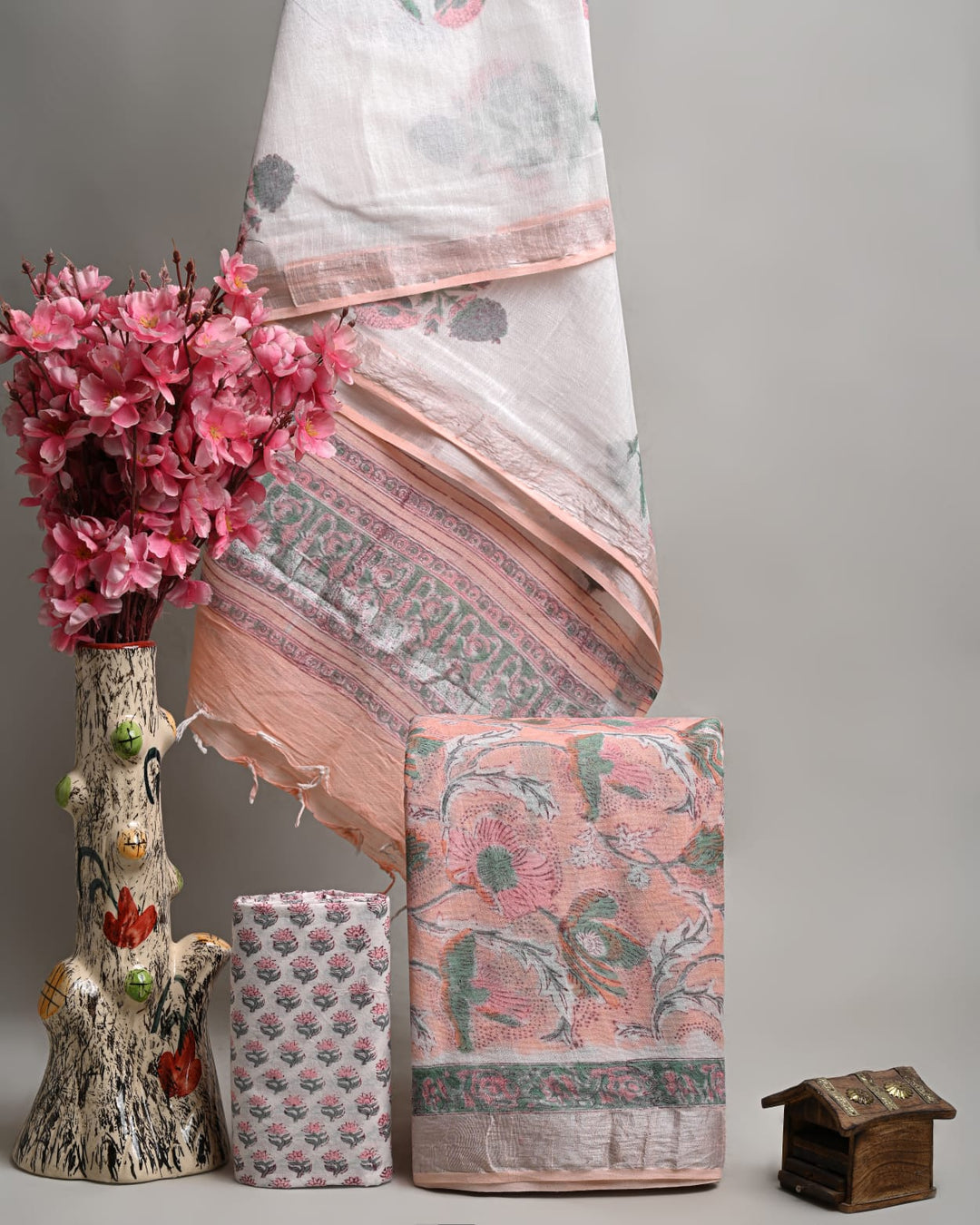 Hand Block Printed Linen Unstitched Suit .