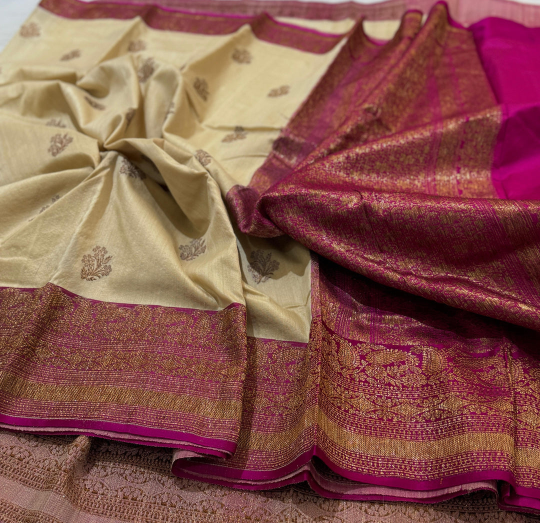 HandloomPure Banarasi Tussar Silk Saree With Kadhuwa Border Work.