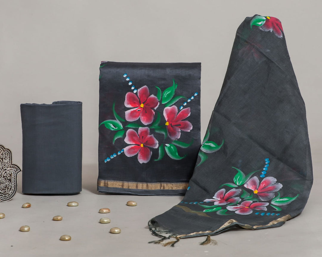 Pure Hand Block Chanderi Silk Unstitched Suit.