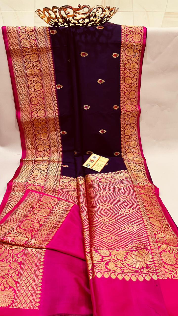 Pure Banarasi Handloom Katan Silk Saree With Antique Zari Work And Resham Meenakari Boti .