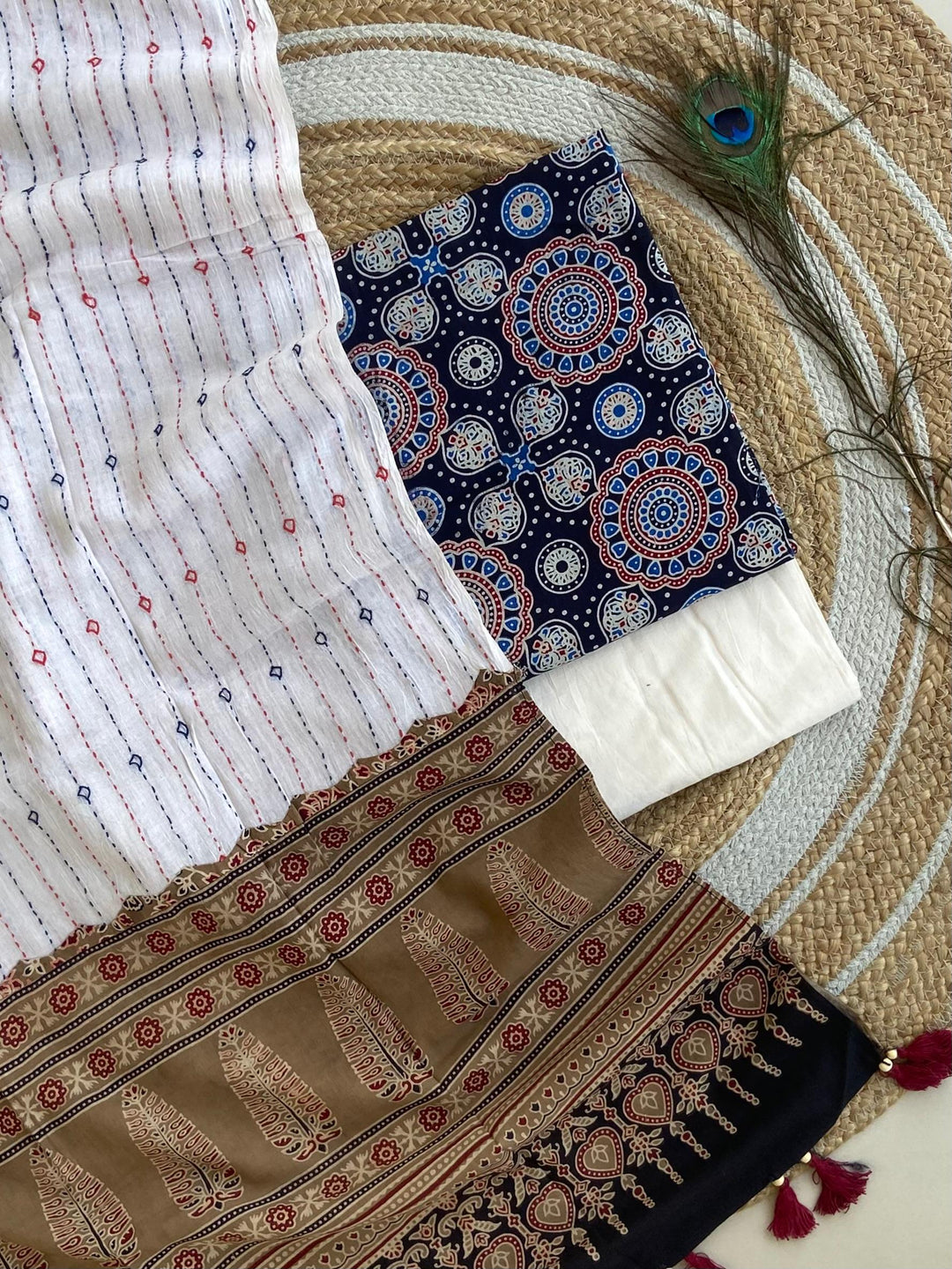 Pure Cotton Azrakh Print Unstitched suit Whit Kantha Work Dupatta