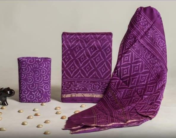 Pure Hand Block Chanderi Silk Unstitched Suit.