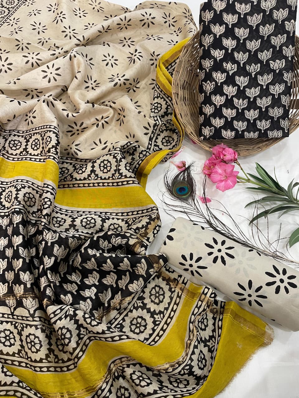 Pure Hand Block Chanderi Silk Unstitched Suit.