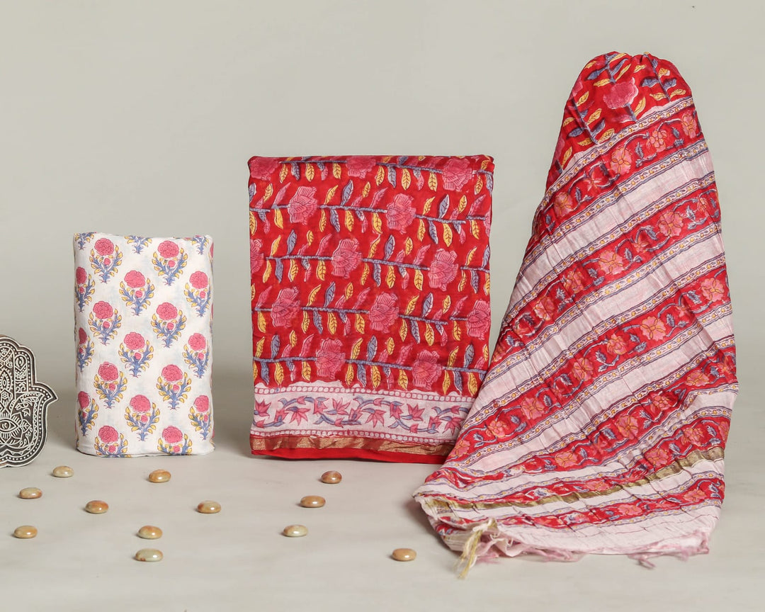 Pure Hand Block Chanderi Silk Unstitched Suit.