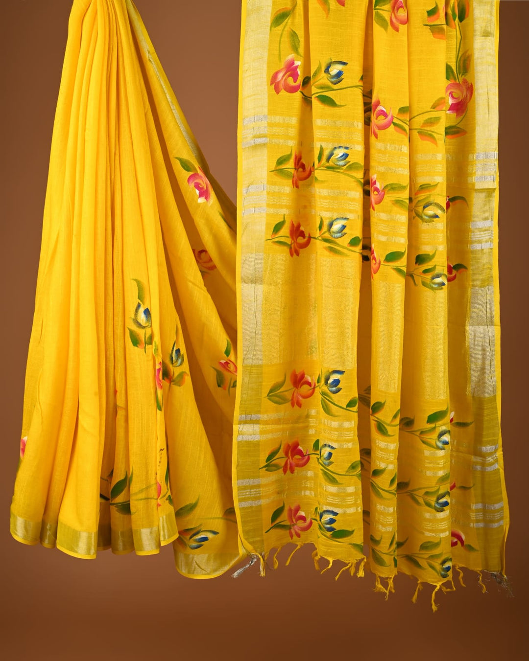 Hand Block Print Linen Saree with Blouse .