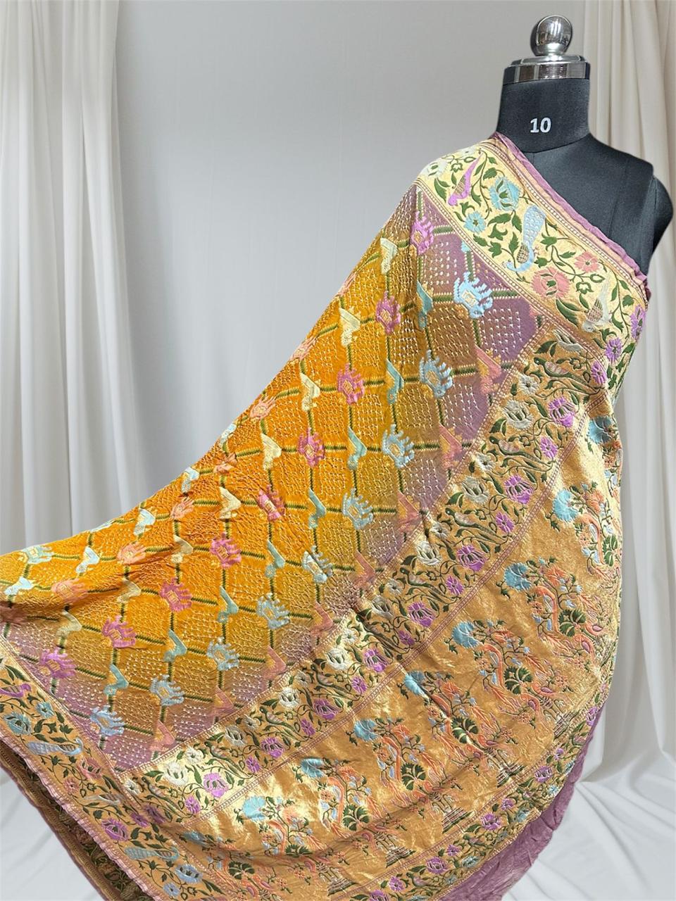 Pure Khaddi Georgette Handloom Neem Zari Work saree With Raiy Bandhej .