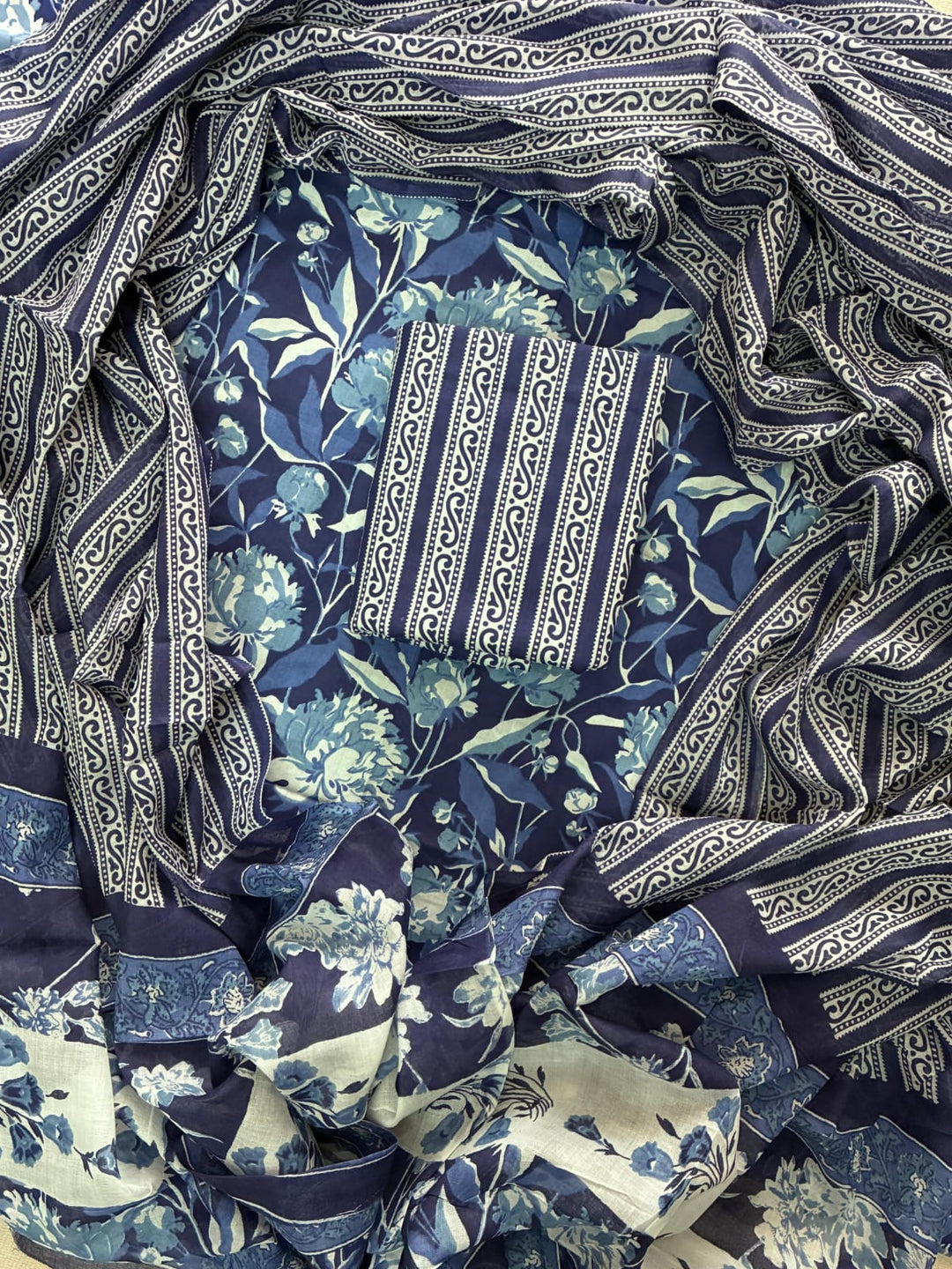Pure Cotton Hand Block Print Unstitched Suit with Cotton Dupatta.
