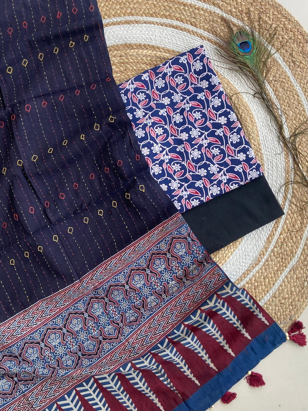 Pure Cotton Azrakh Print Unstitched suit Whit Kantha Work Dupatta