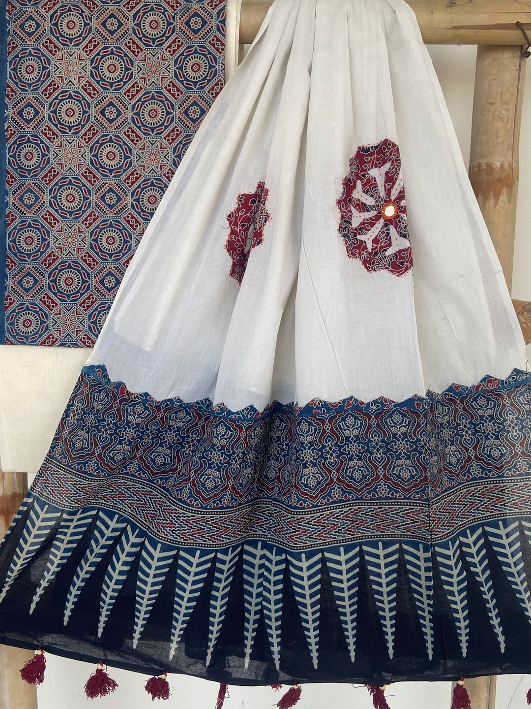 Pure Cotton Azrakh Print Unstitched suit with Patch Work Dupatta