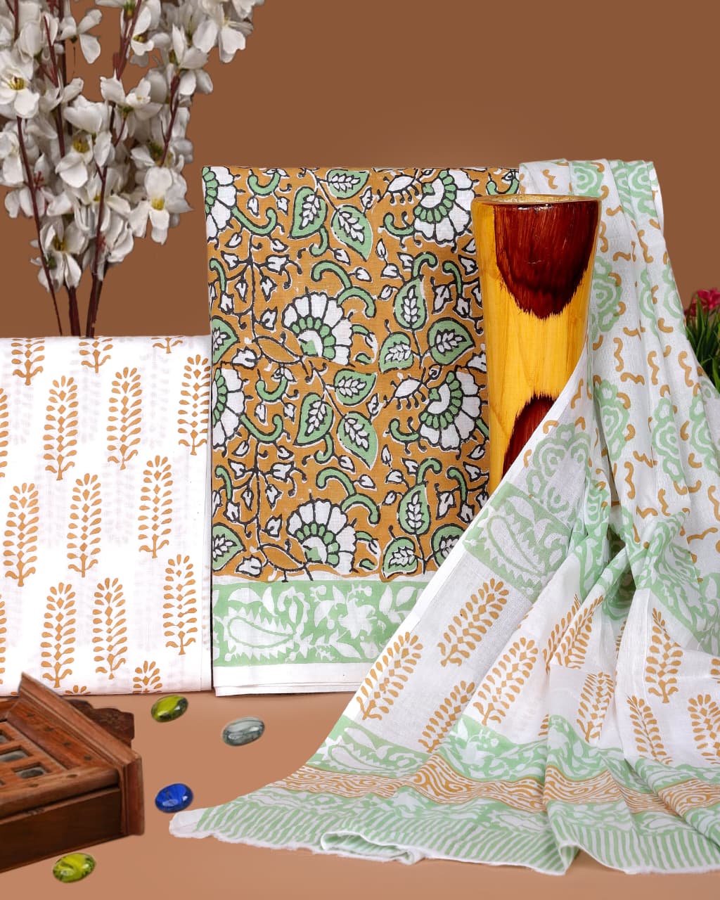 Pure Cotton Hand Block Print Unstitched Suit with Cotton Dupatta.