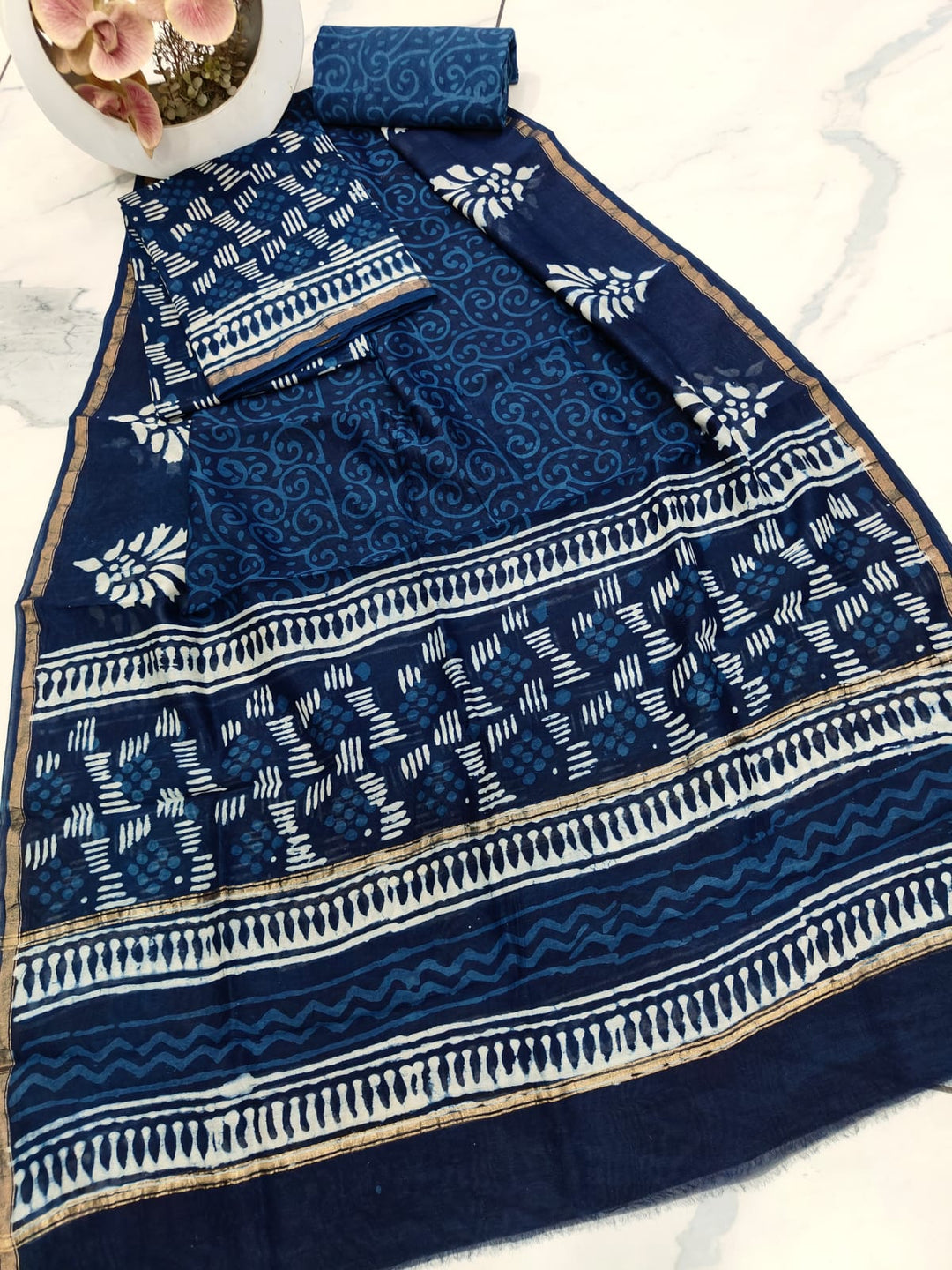 Pure Hand Block Chanderi Silk Unstitched Suit .